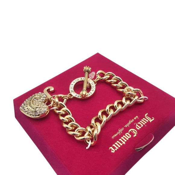 Juicy Couture Gold Chain Bracelet with Rhinestone Heart Charm, Toggle Clasp, Y2K - Picture 9 of 10